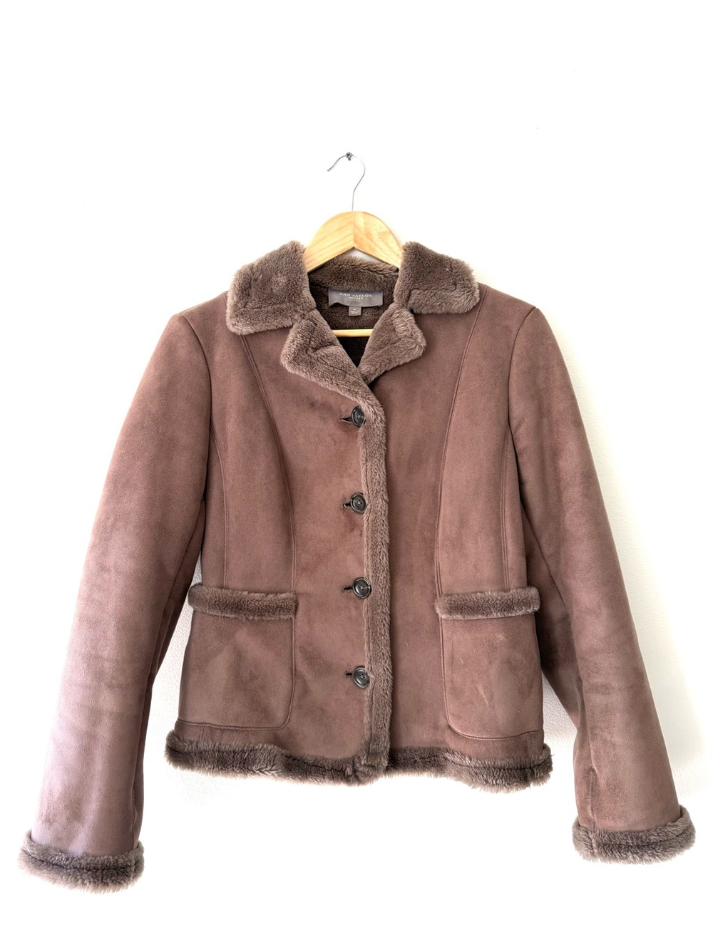 Ann Taylor Vintage Penny Lane Faux Shearling Suede Fur Trim Coat Jacket MP Y2K